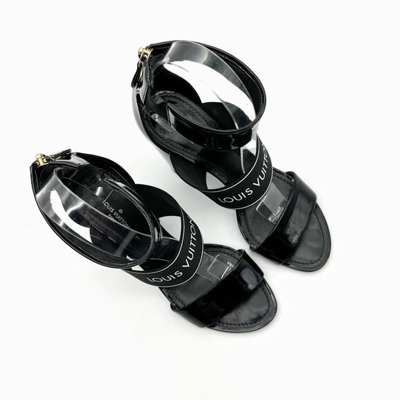 LOUIS VUITTON Trail Black Patent Leather Logo Sandal Size 37 Block Heel - Picture 2 of 12